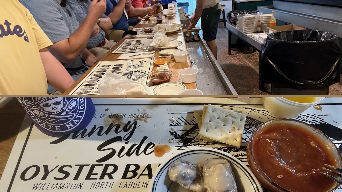 Seafood plates on a casual restaurant table.