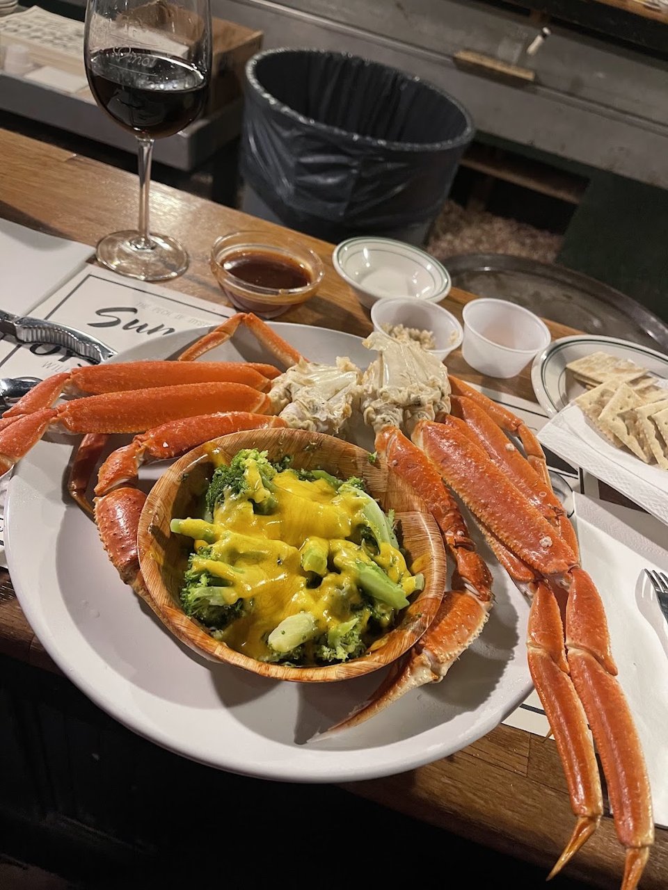 Printed seafood menu with beer and beverages.