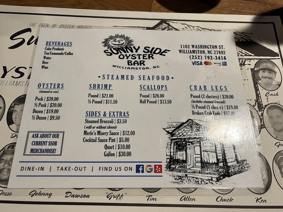 Oyster bar menu listing half-dozen and dozen portions.